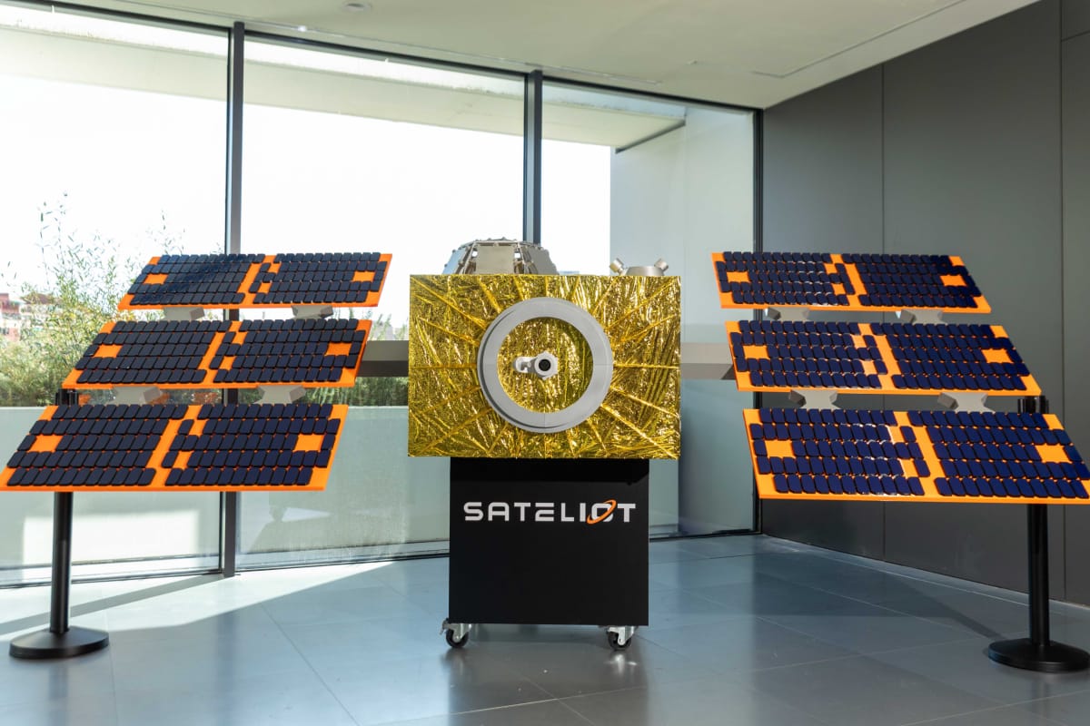 Sateliot showcased its Tritó satellite model during the Nov. 10 launch of its Barcelona 5G Satellite Development Center. (Credit: Sateliot)