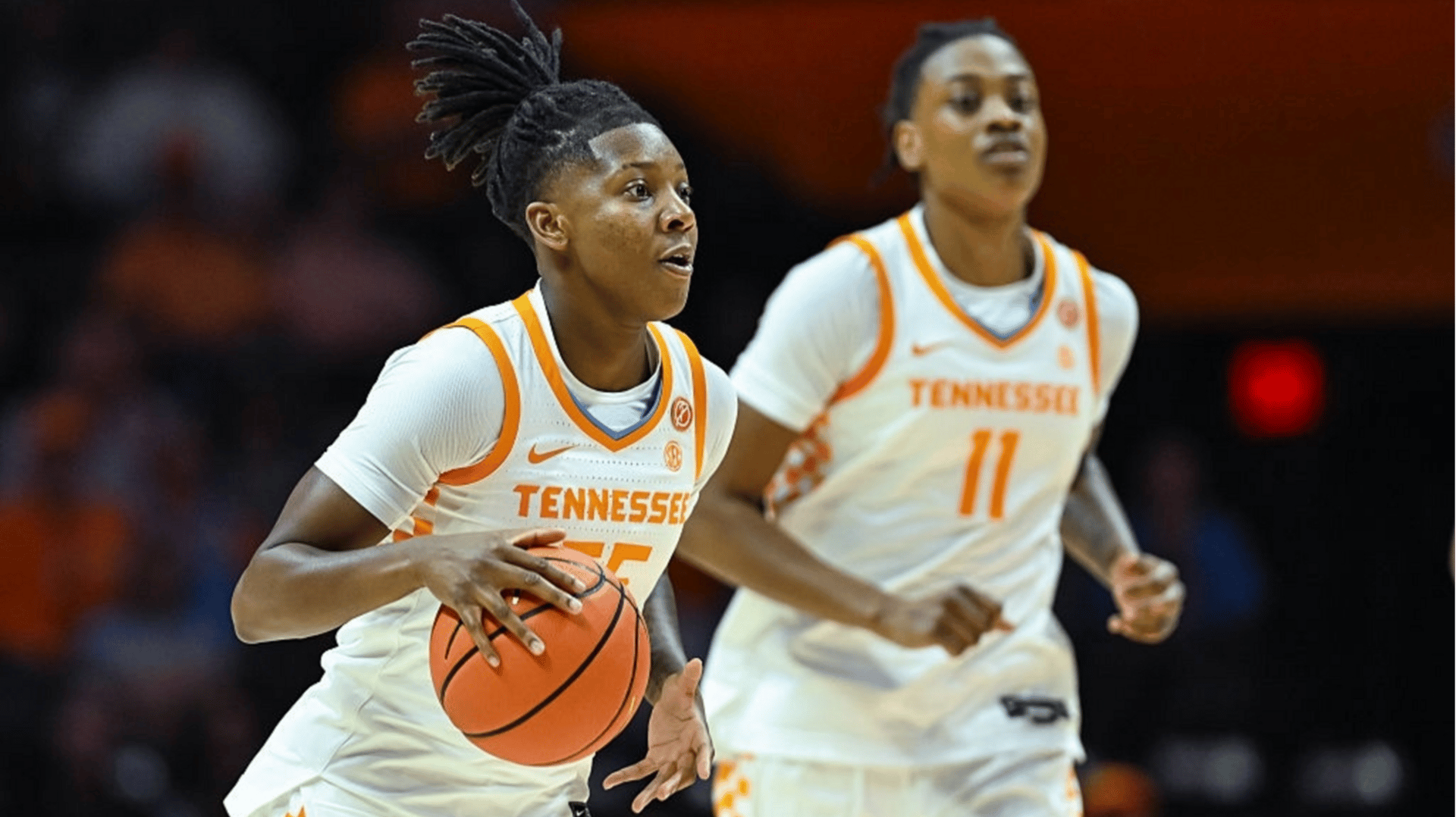 Tennessee Lady Volunteers guard Talaysia Cooper (55) brings the ball up court during the women's college basketball game between the Tennessee Lady Volunteers and the ETSU Buccaneers