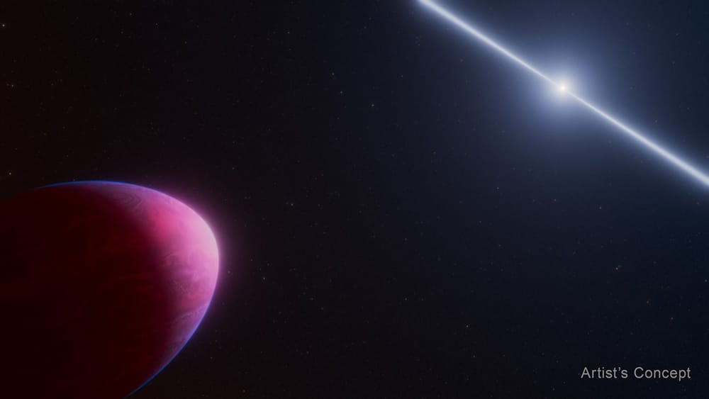 Artwork of a reddish gas giant planet pulled into an egg-shape by a nearby pulsar, seen blasting out twin beams of energy.