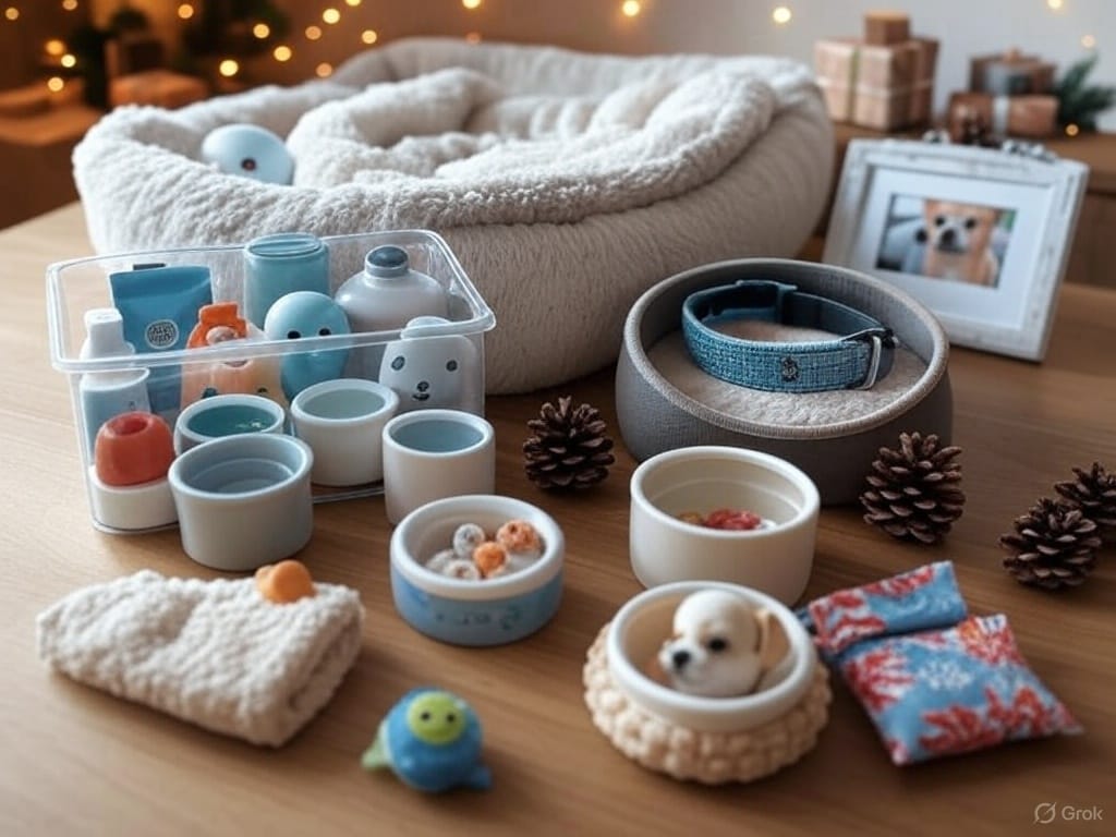 A festive holiday flat lay on a wooden table showcases gifts for new pet parents, including a pet starter kit with blue and white bowls and toys, a cozy pet bed with a plush blanket, a blue personalized collar, and a photo frame with a pet picture. The arrangement is accented with pinecones, a small wrapped gift, and twinkling fairy lights in the background, presented in a 16:9 ratio with a warm holiday glow.