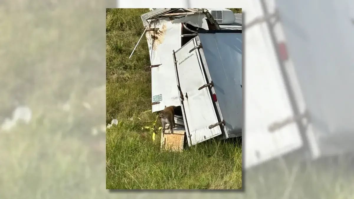 A monkey is shown next to a crashed truck.