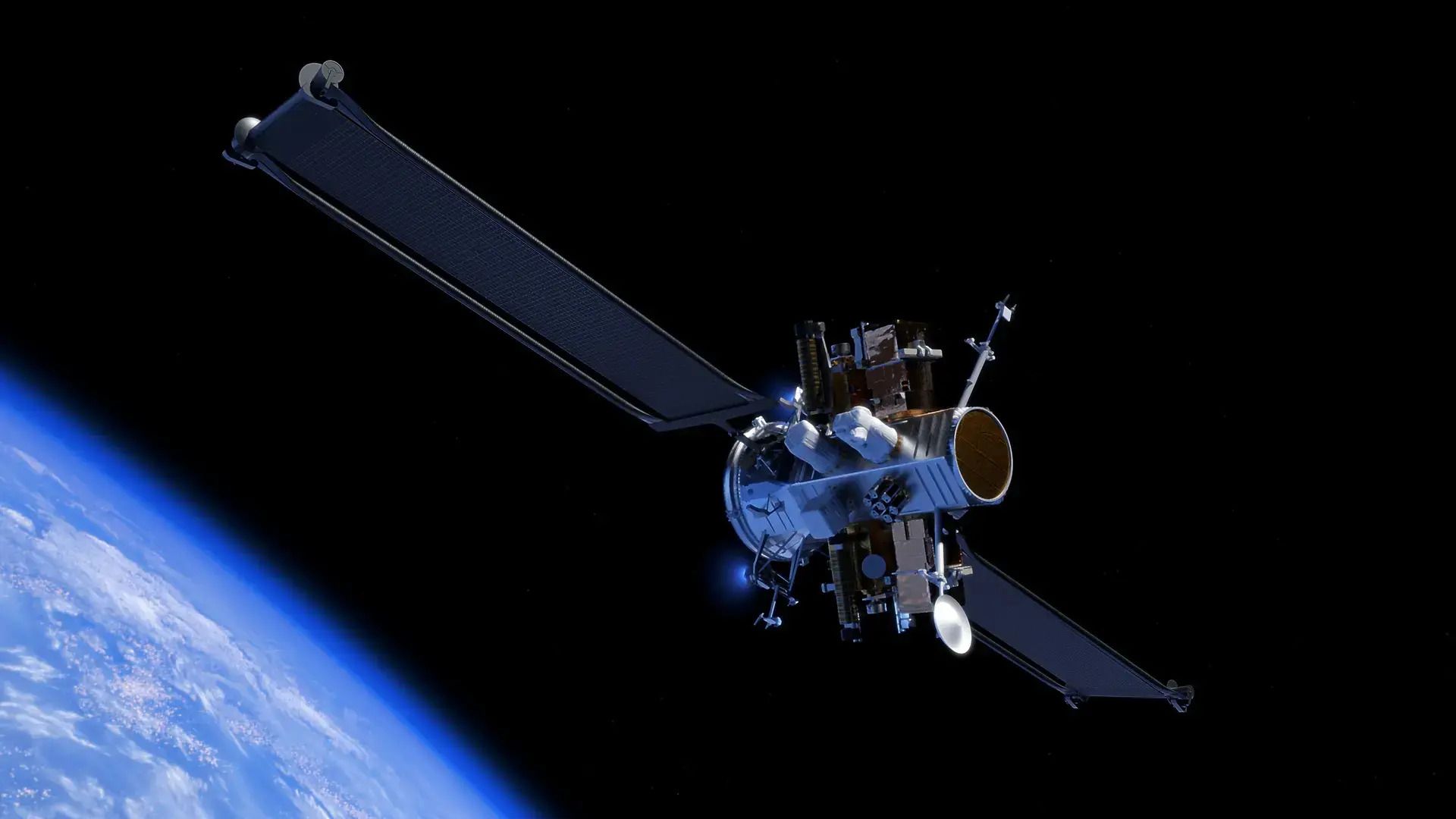 An illustration of Blue Origin's Blue Ring spacecraft platform, equipped with multiple payloads and components. 