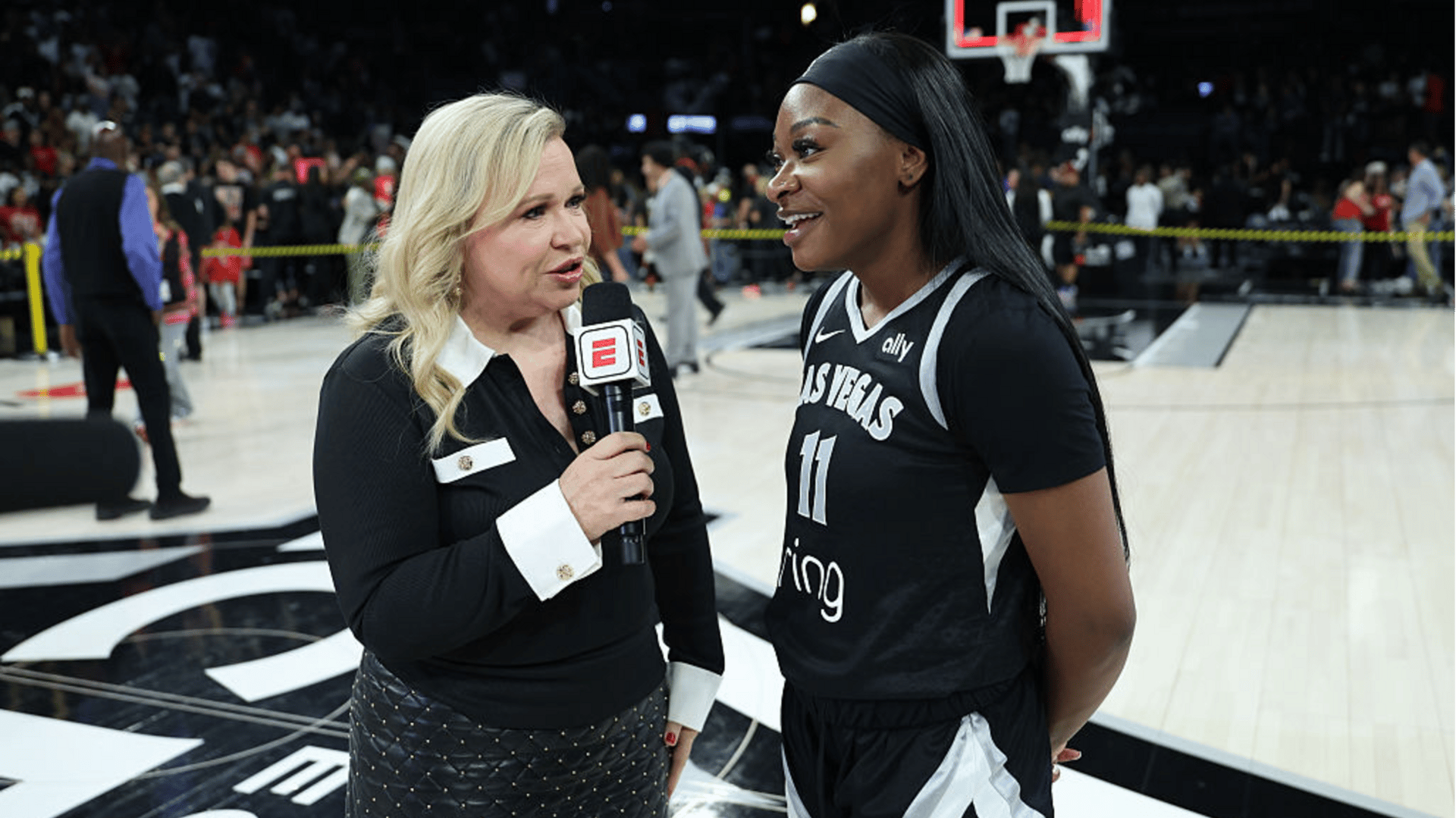 Dana Evans #11 of the Las Vegas Aces talks to the media after the game against the Phoenix Mercury during Game 1 of 2025 WNBA Finals on October 3, 2025 at Michelob ULTRA Arena in Las Vegas, Nevada.