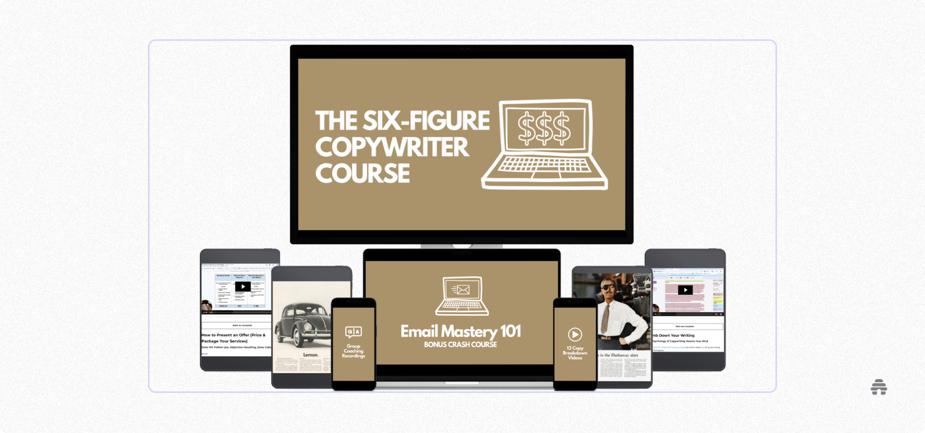 Digital course display for “The Six-Figure Copywriter Course” and “Email Mastery 101,” showing laptops, tablets, and smartphones featuring lessons, coaching videos, and writing resources for professional copywriters.