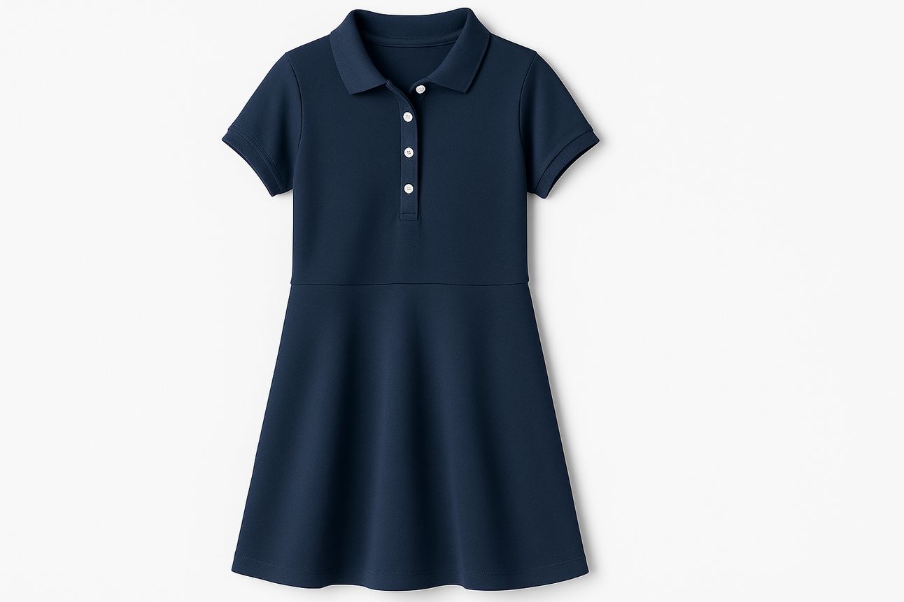Lands’ End Girls’ Interlock Polo Dress Soft knit polo dress with short sleeves and A-line shape, combining comfort and classic style for easy school-day outfits.