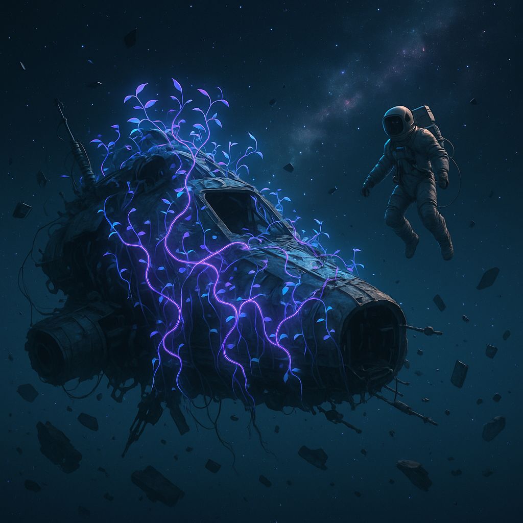 Wide shot of a derelict spacecraft overtaken by glowing neon vines, with an astronaut spacewalking nearby in zero gravity. Scattered debris floats around the wreckage, illuminated by soft cosmic light with stars and nebulae in the background.