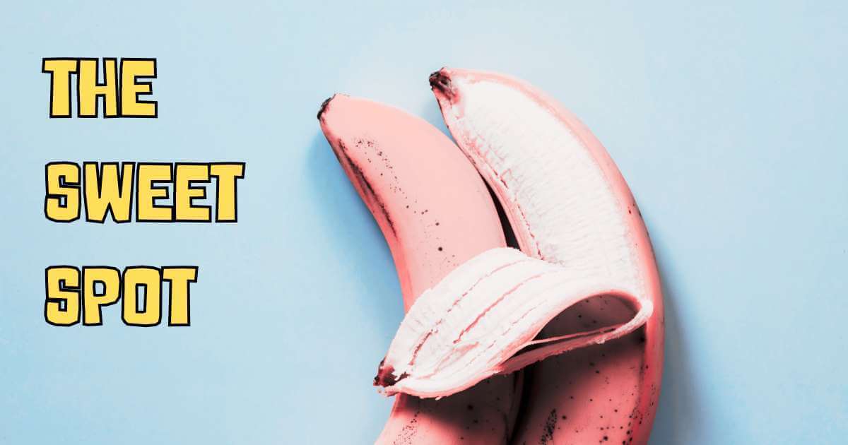 Two pink bananas on a light blue background, one half-peeled with the yellow text "THE SWEET SPOT" on the left.