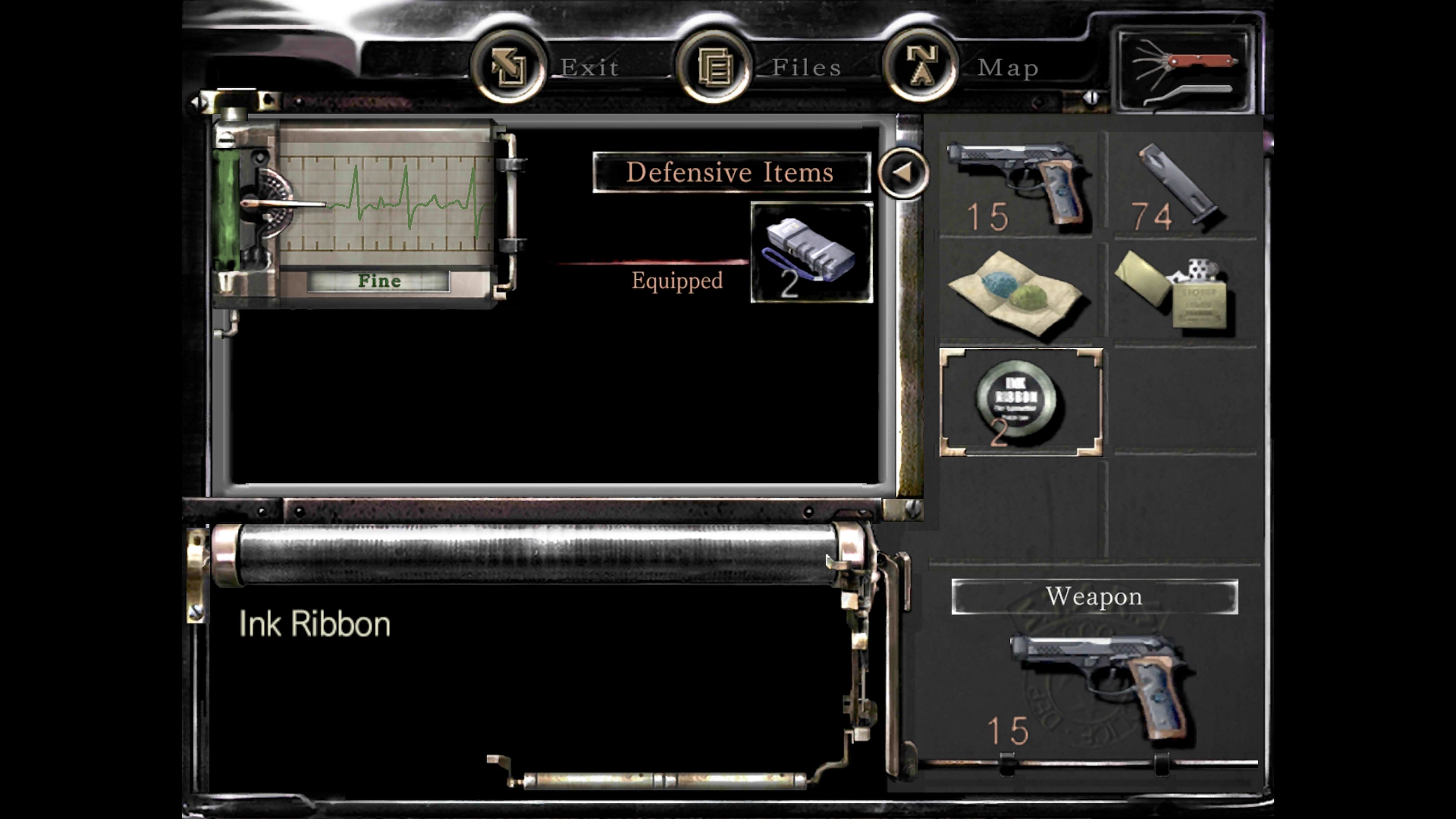 A screenshot of Jill Valentine's inventory screen from the Resident Evil remake, which is larger than Chris' inventory and includes a lockpick, as well.