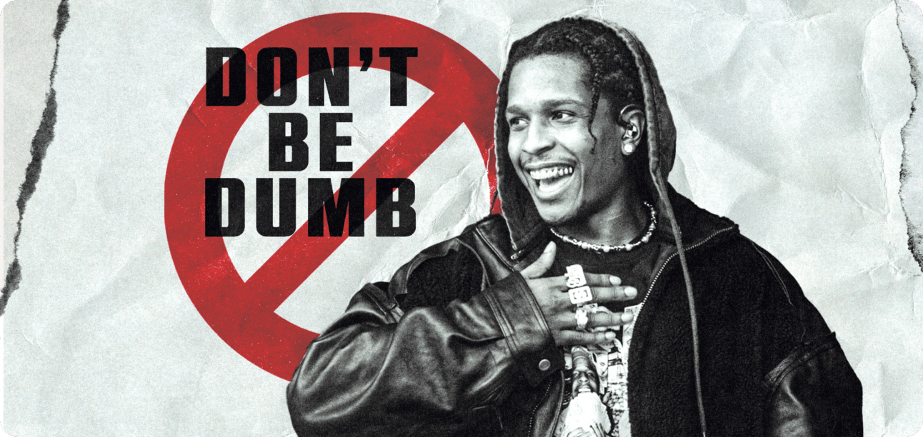 ASAP Rocky in front of album cover