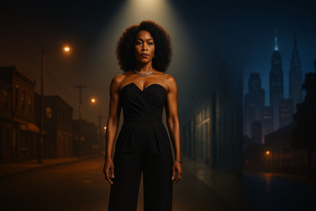 Angela Bassett stands powerfully under a spotlight, wearing a sleek black jumpsuit. Behind her, the background subtly transitions from an inner-city street to a school hallway to a futuristic city skyline, symbolizing her range across genres. The mood is regal, cinematic, and rooted in Black excellence.