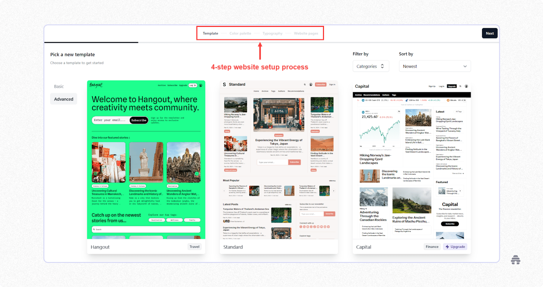 beehiiv website builder screen showing the first step of a four-step setup flow, where creators choose a newsletter website template before selecting colors, typography, and pages. The interface highlights multiple starter templates used to launch and customize a publication.