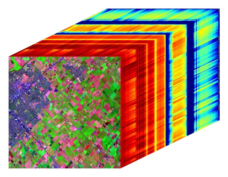 These image cubes show the large data volumes produced by JPL’s imaging spectrometers. The front panel captures roads and agricultural fields near Tulare, California, observed by AVIRIS‑5 during a checkout flight earlier this year, while the side panels display the spectral signature recorded at each point in the scene. 