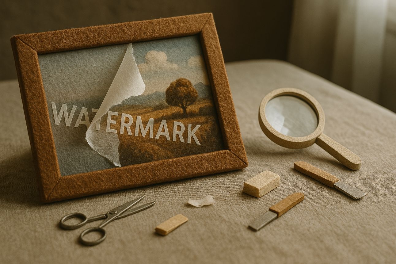 A felt photo frame shows a peeling paper watermark over a clay scene, with handmade editing tools scattered on a cozy table.