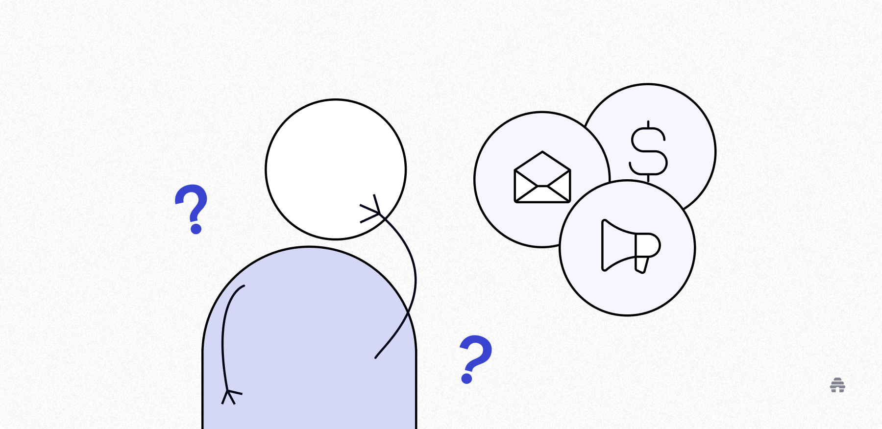 A confused person looks at icons representing email creation, monetization, and promotion, symbolizing creators trying to decide how to grow and manage their newsletter on platforms like beehiiv.