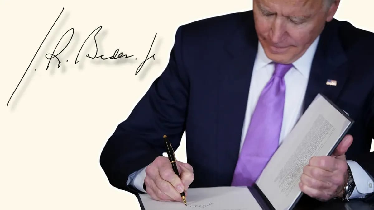 A cut-out image of former President Joe Biden, a white man with white hair in a suit, signing a bill with a cut-out image of his signature floating to the left of him. 