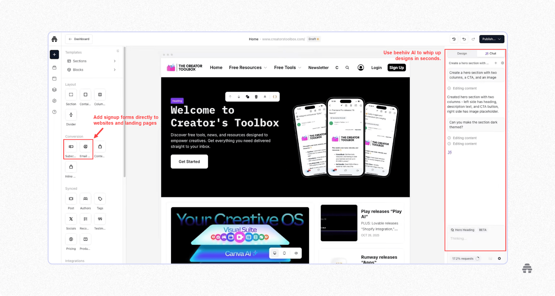 beehiiv website builder interface showing a newsletter landing page with signup form blocks highlighted and an AI assistant panel guiding layout edits and design changes.