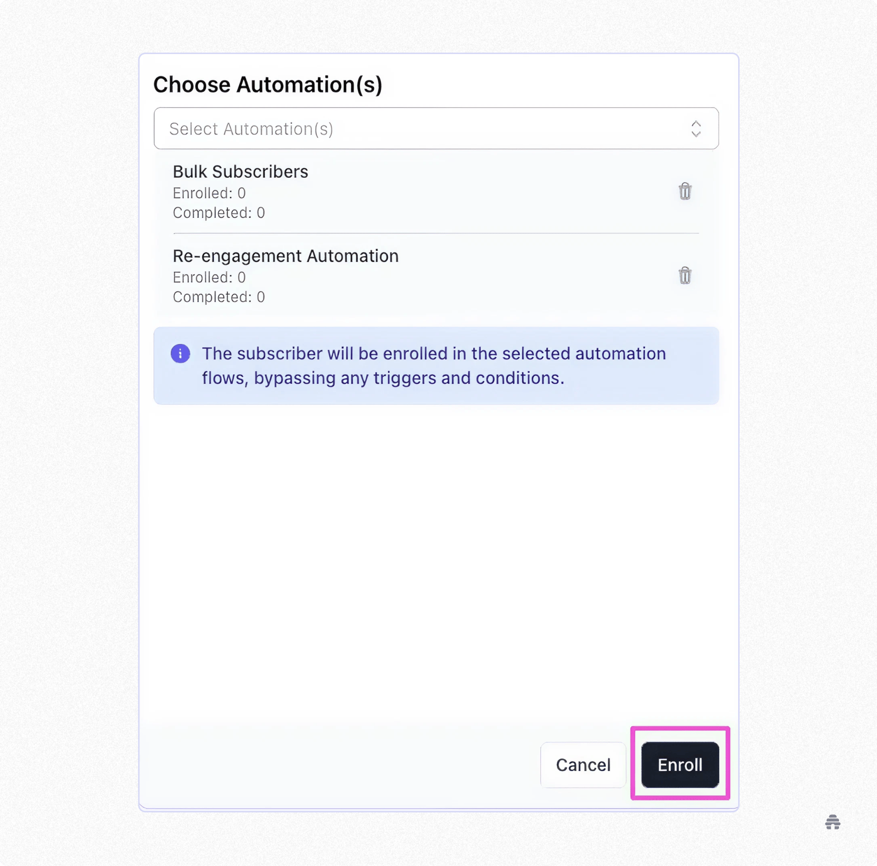 A beehiiv dialog window showing automation options—Bulk Subscribers and Re-engagement Automation—with a note that subscribers will bypass triggers when enrolled, and an “Enroll” button highlighted for confirming the action.
