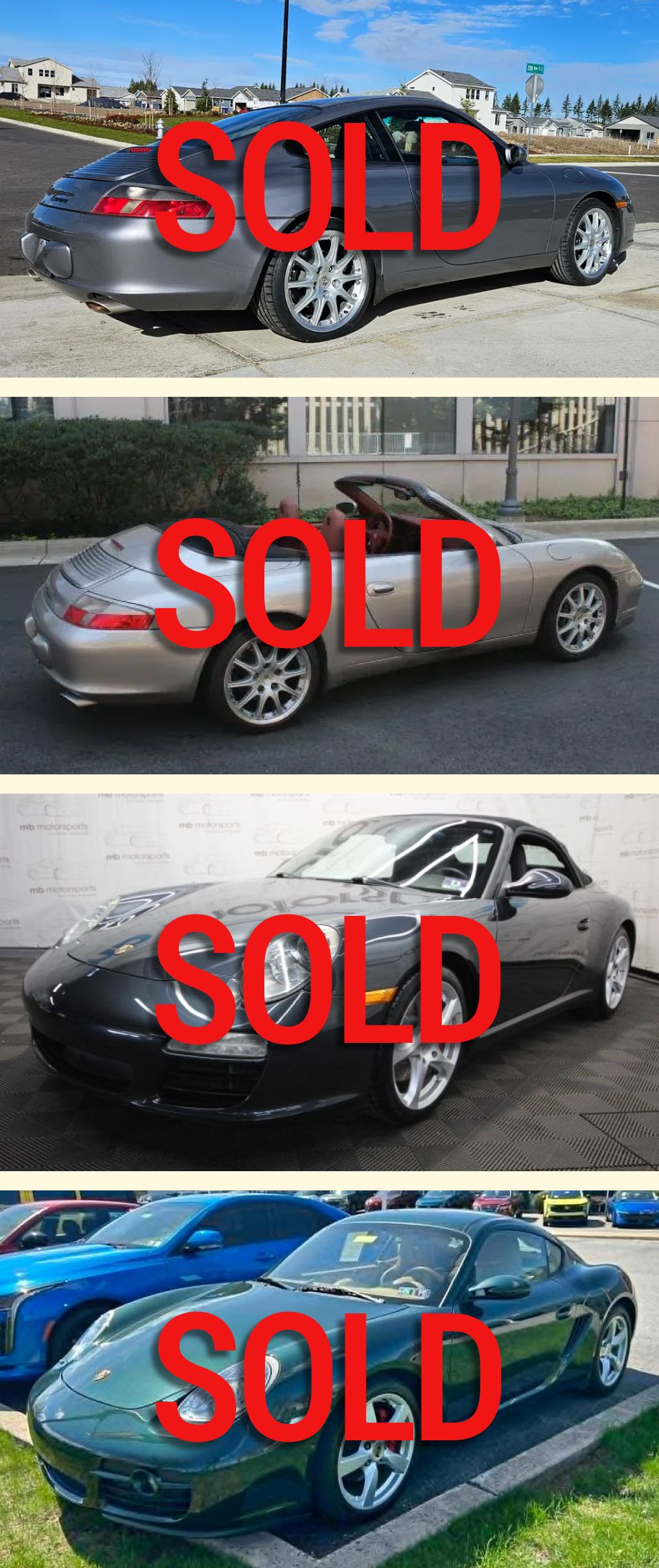 Four Pepita Picks marked SOLD: a grey 996 coupe, a silver 996 Cabriolet, a dark grey 997.2 Cabriolet, and a Forest Green Metallic 987.1 Cayman S.