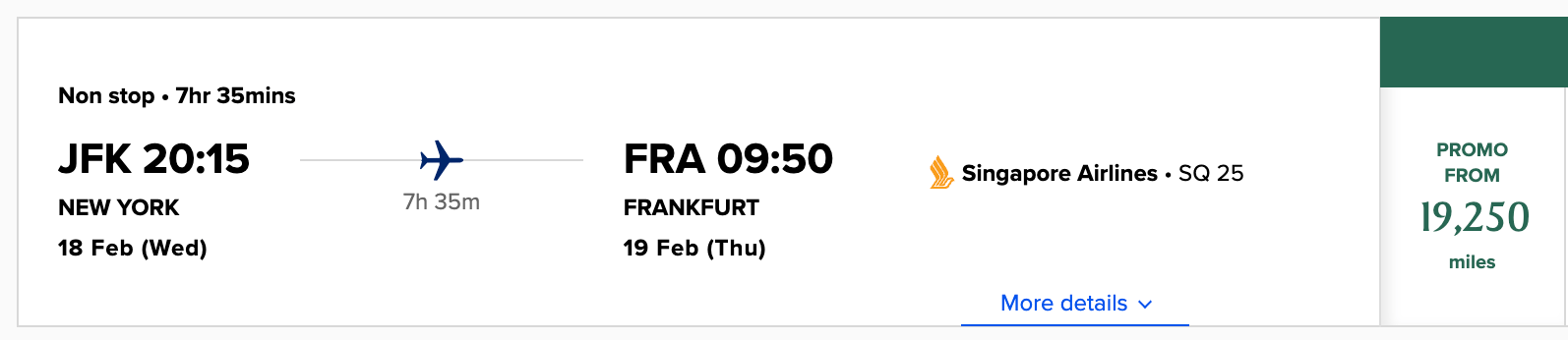 New York to Frankfurt for 19,250 Singapore miles