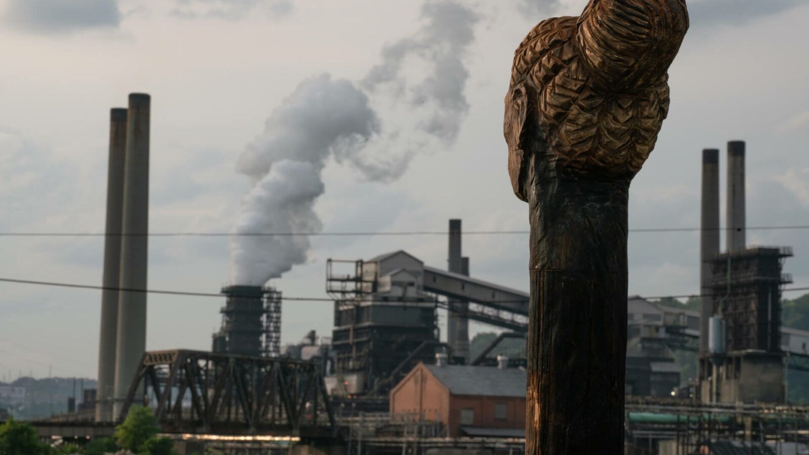 The Externalities. Carved wood salvaged from wildfires in the Pacific Northwest, installed facing US Steel’s Clairton Coke Works.