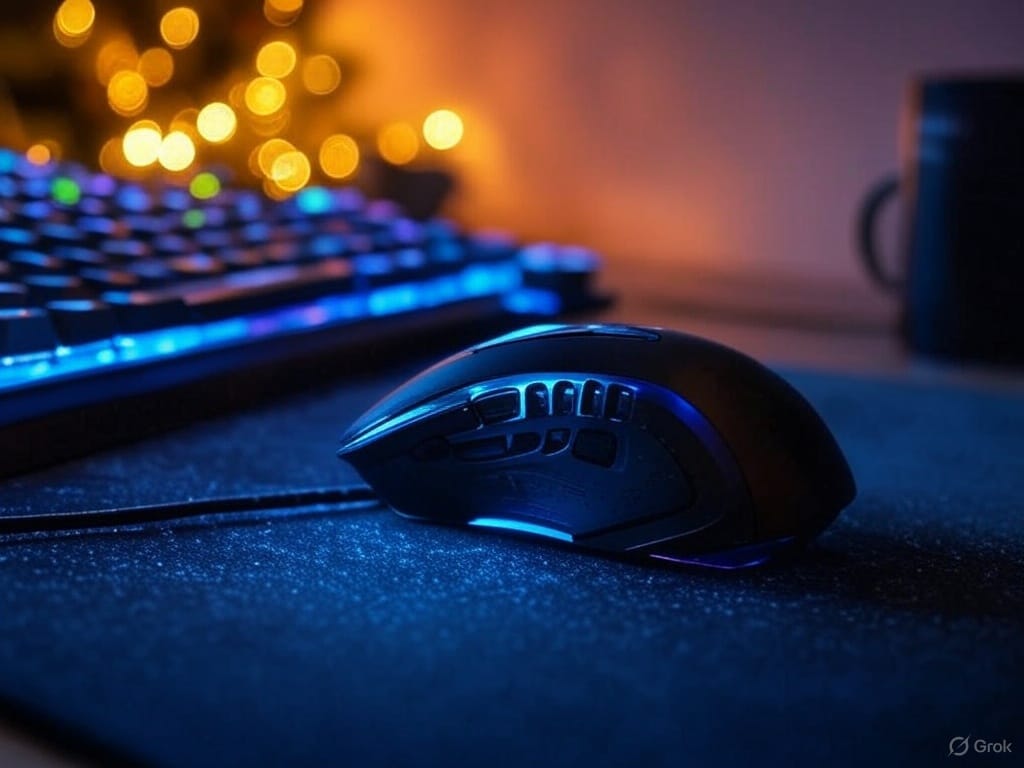 A dramatic close-up shot of a sleek gaming mouse on a large, detailed custom desk mat, with glowing keys of a mechanical keyboard partially visible nearby. The background is softly blurred with a shallow depth of field, revealing subtle warm Christmas lighting and a festive mug, emphasizing precision, style, and tactile feel in a photorealistic, macro-detailed scene.