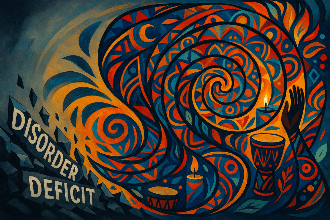 Ancestral spiral shape morphing from shattered diagnostic labels into radiant cultural patterns and healing icons.