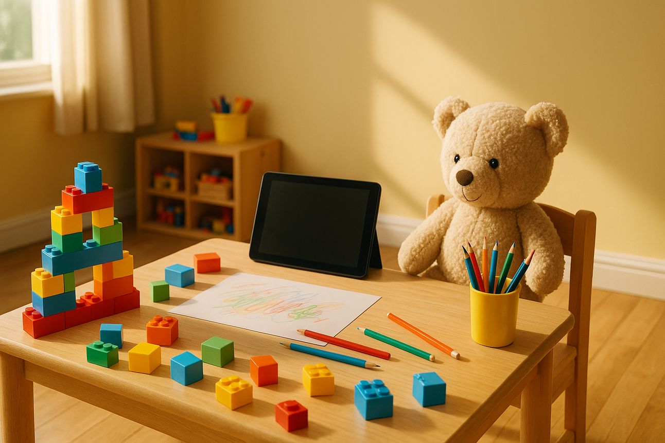 A warm, sunlit children’s playroom with a wooden table featuring colorful building blocks, a plush teddy bear, a tablet, and art supplies including pencils and a drawing. In the background, a small cubby shelf holds additional toys and supplies, creating a cozy and creative environment for kids.