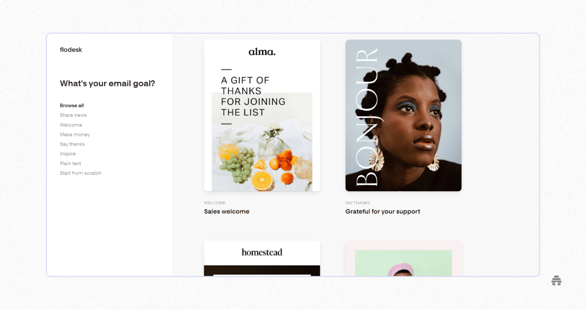 Flodesk email builder displaying template selection for newsletter goals, including welcome and thank-you campaigns for creators.