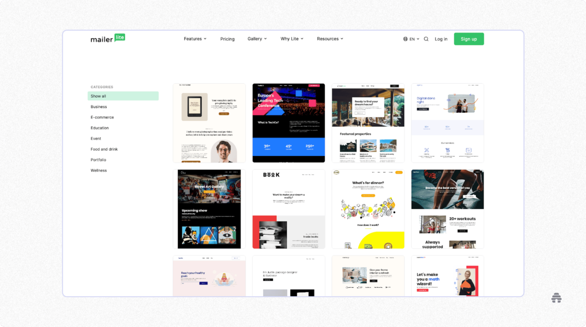 mailerLite template gallery displaying website and email designs across categories like business, e-commerce, education, and wellness, with options to preview and sign up.