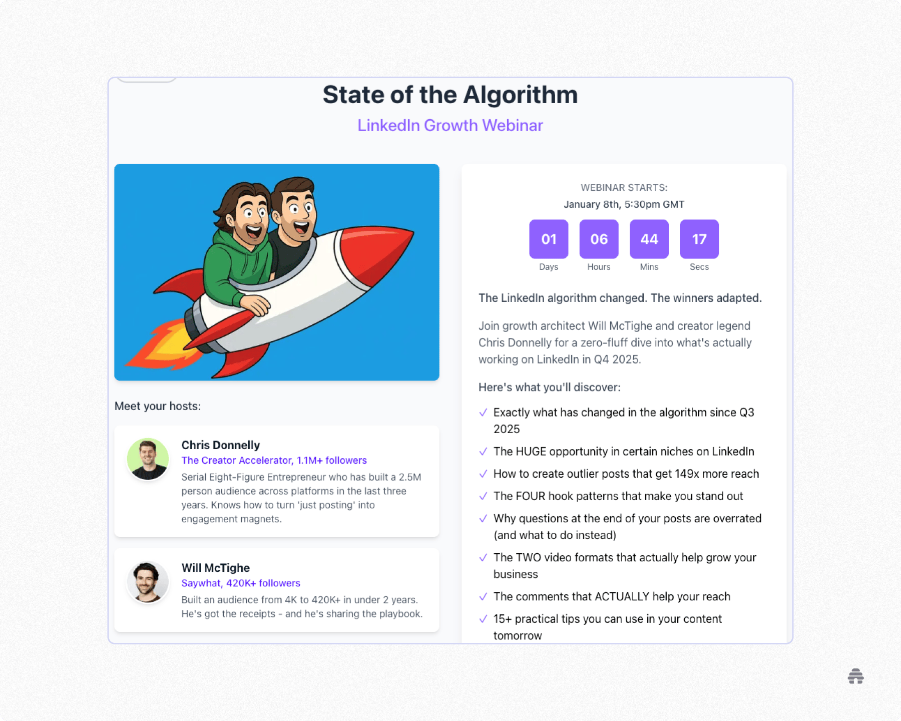 Landing page for the “State of the Algorithm” LinkedIn Growth webinar, showing a countdown timer, event details, and hosts Chris Donnelly and Will McTighe alongside an illustration of creators launching on a rocket. The page promotes a creator-focused webinar about LinkedIn algorithm changes and growth strategies.
