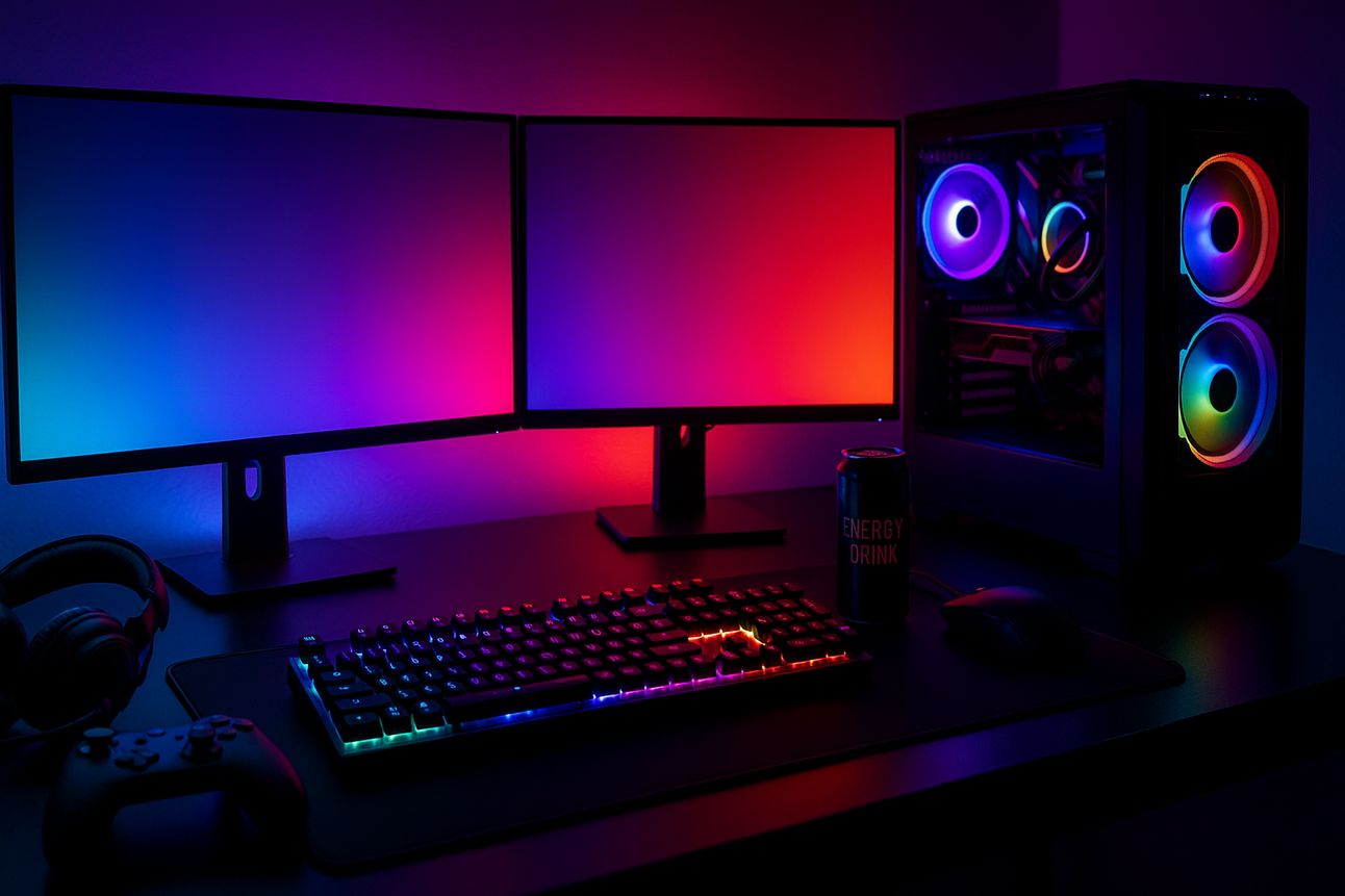 A digital photograph showcases a gaming setup on a sleek black desk with dual monitors displaying vibrant RGB wave patterns. A mechanical keyboard with rainbow backlighting sits in front, alongside a gaming controller, headphones with LED accents, and a can labeled "Energy Drink." The entire scene is bathed in colorful ambient lighting that glows red, purple, and blue, creating a dramatic and immersive atmosphere.