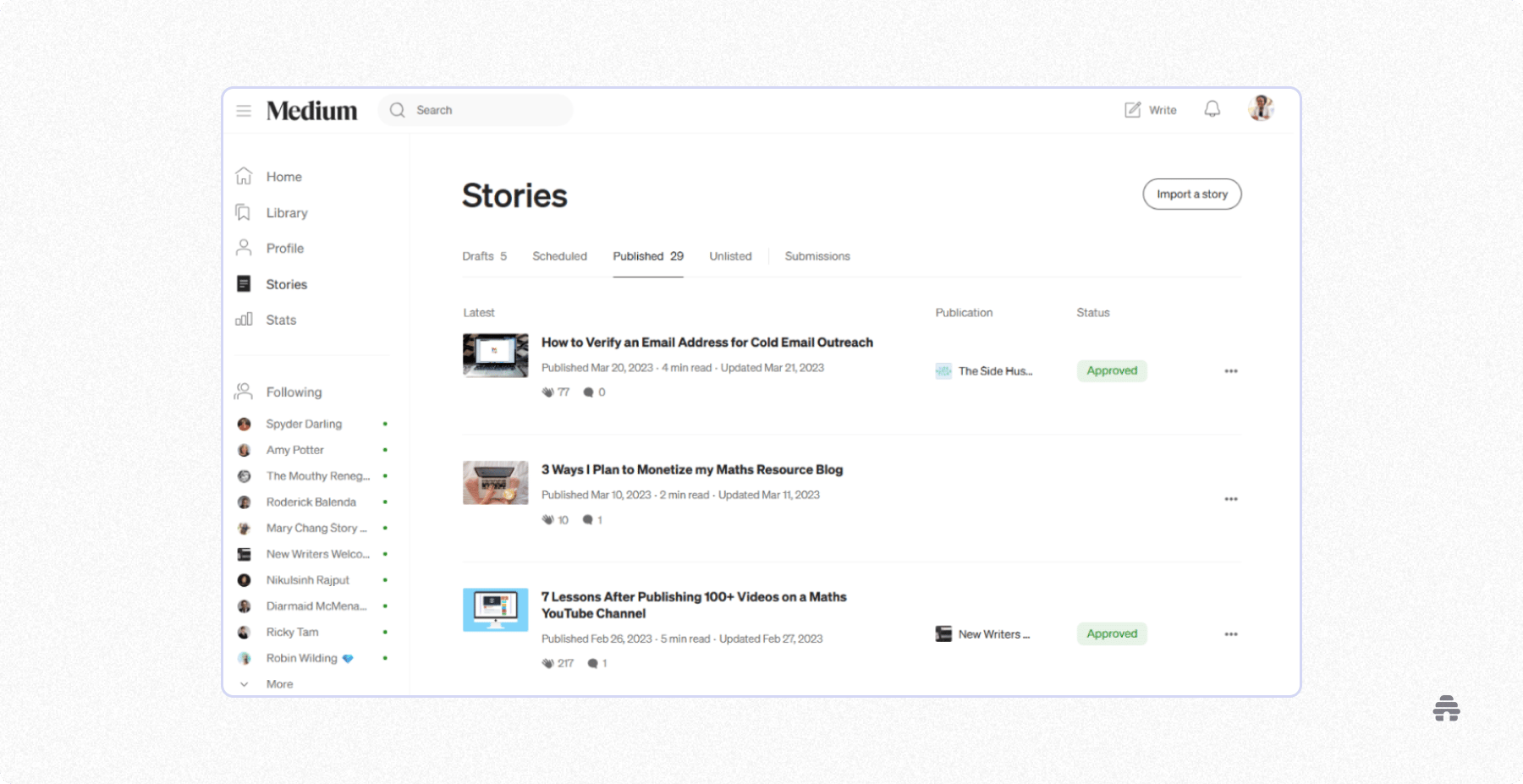 Medium dashboard showing a creator’s published stories, drafts, and stats, used to manage blog content and track performance.