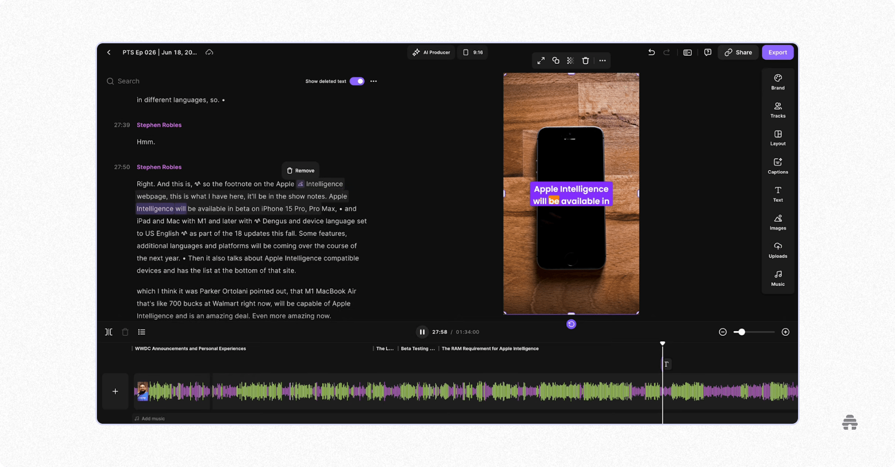 Podcast editing software interface showing a transcript, audio timeline, and video preview with on-screen captions reading “Apple Intelligence will be available,” illustrating AI-assisted podcast and video content editing.