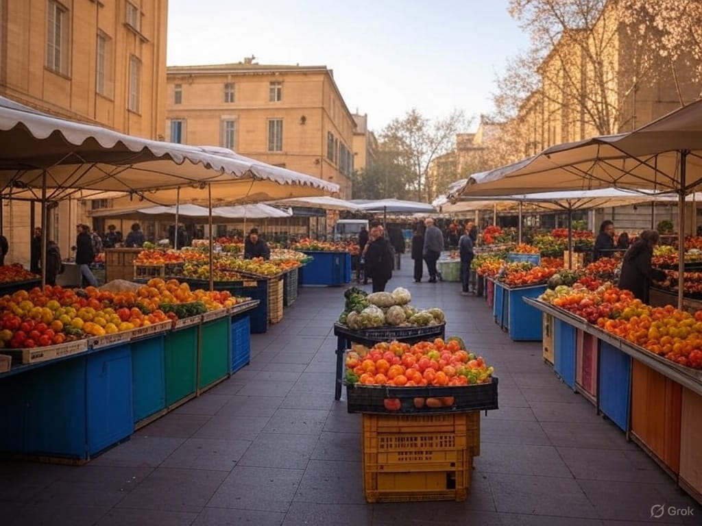 A vibrant early spring morning market in Place Richelme, Aix-en-Provence, with colorful produce stands and local vendors