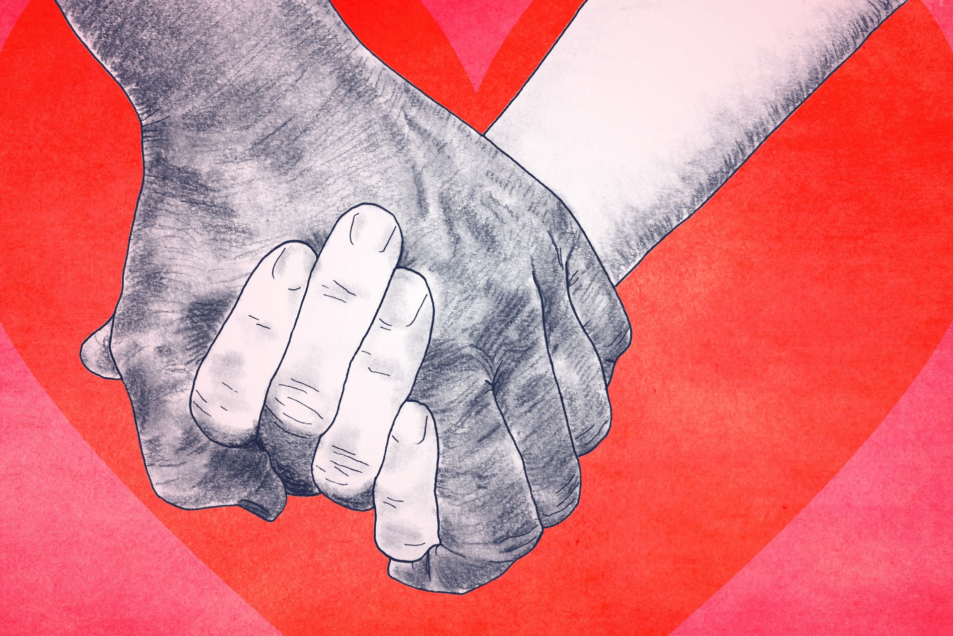 Illustration of two hands holding tightly against a red background with a heart shape, symbolizing love, care, and support in times of grief or connection.
