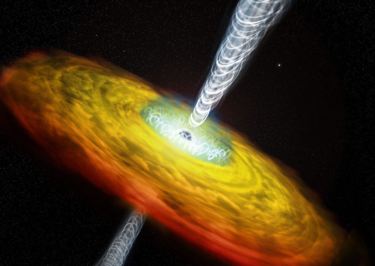 A black hole is surrounded by a yellow and red disk of swirling material. At the center to beams blast outward, up and down, shown with magnetic field lines spiraling around them.