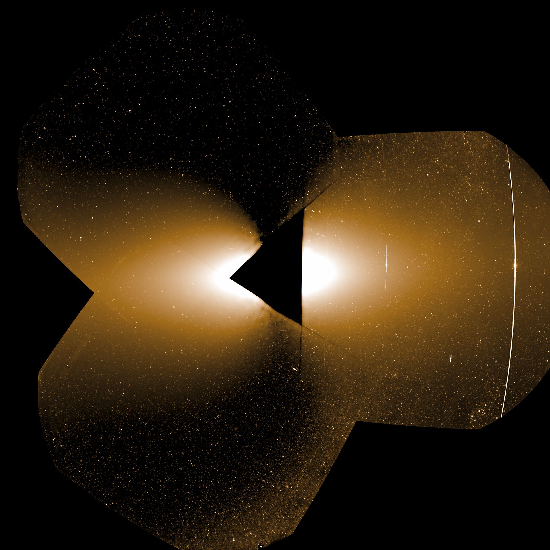 This July 20, 2025 mosaic from PUNCH’s Wide Field Imagers represents publicly available Level 2 data. While the Sun is masked at the center, residual light remains visible. The image spans up to 45 degrees from the Sun, capturing planets and background stars. Bright streaks from Mercury and Venus are processing artifacts slated for removal in finalized datasets. (Credit: Southwest Research Institute)