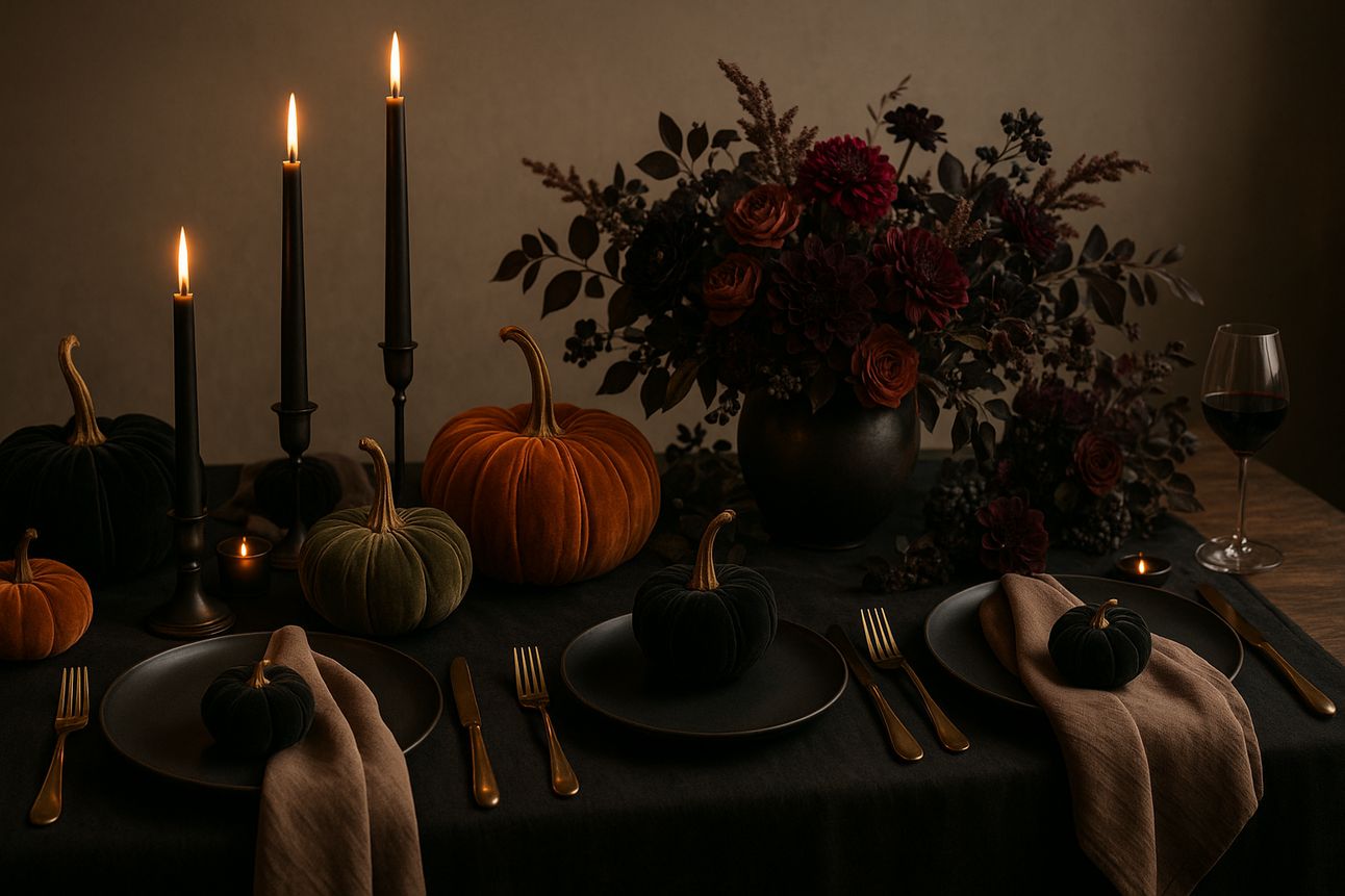 An elegant Halloween-themed dinner table with black linens, gold flatware, and dark ceramic plates. Velvet pumpkins in black, orange, and green are placed among tall black taper candles. A dramatic floral centerpiece with deep red and burgundy flowers sits in a matte black vase, creating a moody and luxurious atmosphere.