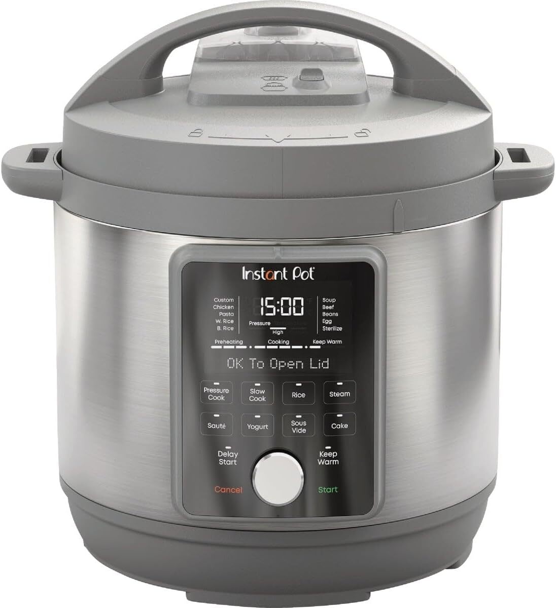 Instant Pot Duo Plus 9-in-1 – A sleek stainless steel multi-cooker with a bright LED display, shown on a kitchen counter with its lid open to reveal a hearty stew inside. Multiple cooking modes labeled on the front panel.