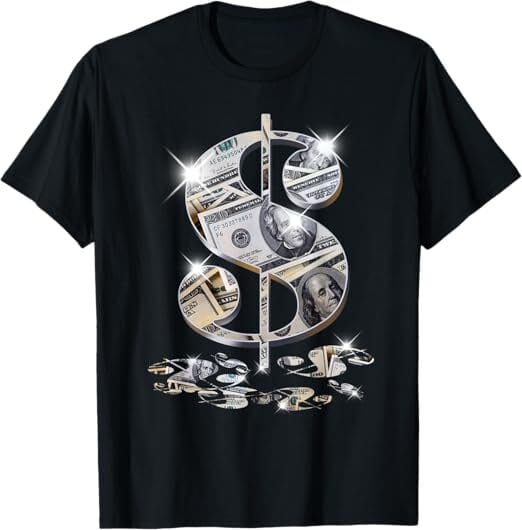 Money Sign Graphic Tee Alt Text: Bold t-shirt with a large money sign graphic, representing hustle culture and GTA Online-style in-game wealth.