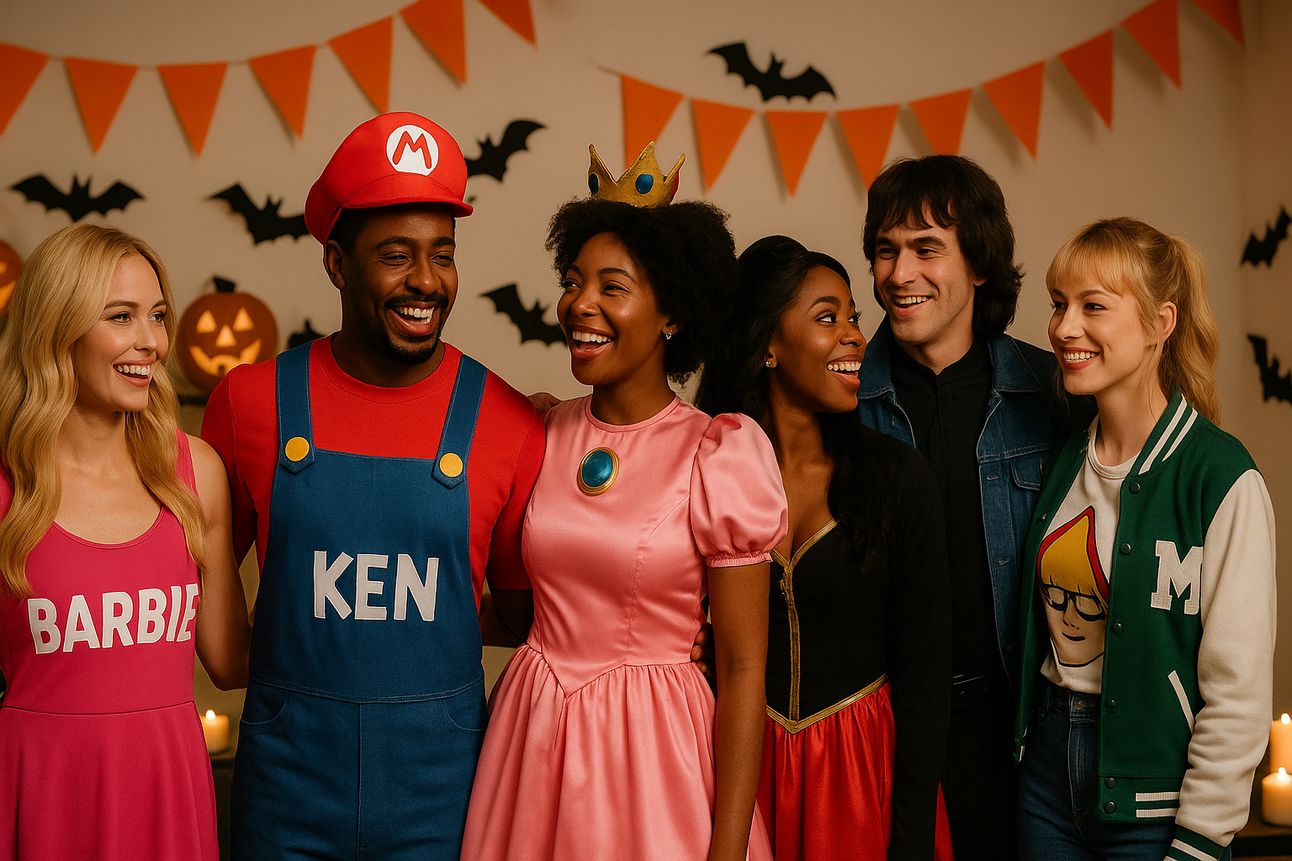 Four couples pose at a Halloween party dressed as popular pop culture duos. From left to right: Barbie and Ken in bright pink and blue outfits, Mario and Princess Peach in red and pink with matching accessories, a fantasy prince and princess in elegant costumes, and Eddie and Chrissy from *Stranger Things*, with Eddie in a denim jacket and "Hellfire Club" shirt and Chrissy in a cheerleader jacket. The background features festive Halloween decorations including orange pennant banners, black bat cutouts, glowing candles, and carved pumpkins.