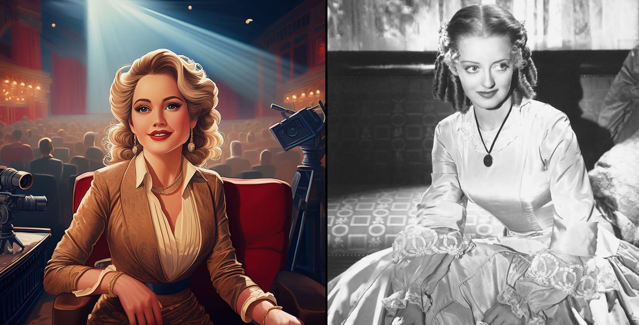 Side by side images of an AI-generated Bette Davis and a production still of the actress on a movie set