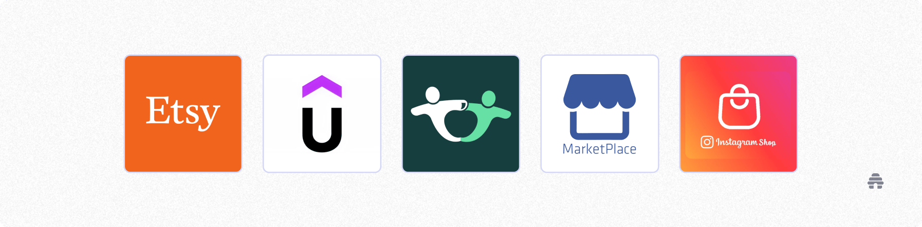 Row of ecommerce platform logos—including Etsy, a course platform, community marketplace, online marketplace, and Instagram Shop—representing channels creators use to sell products alongside beehiiv.