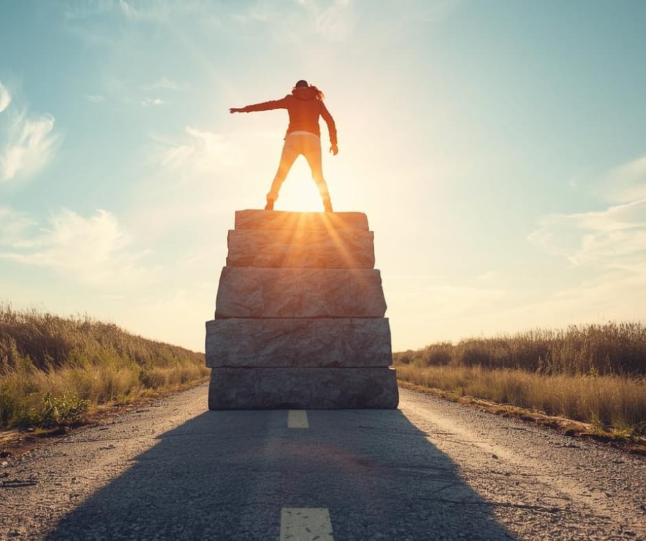 A person standing triumphantly on top of a stack of large stone blocks that form a wall blocking a paved road. The sun shines brightly behind them, symbolizing success and a positive perspective on overcoming obstacles.