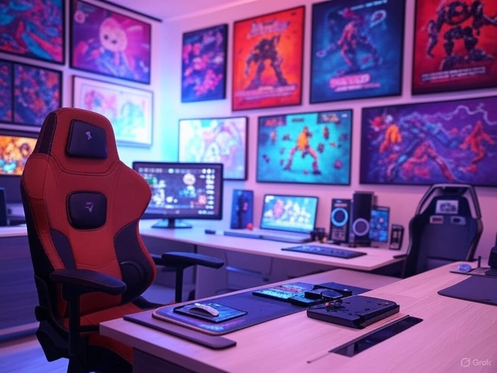 A stylishly decorated gaming space with colorful gaming posters and unique wall art adorning the walls, creating a vibrant backdrop. Personalized desk accessories, including a gaming chair and various items, add character to the wooden desk. The room is bathed in soft, ambient light from a round lamp, with a shallow depth of field emphasizing the aesthetics and personalized style in a photorealistic scene.