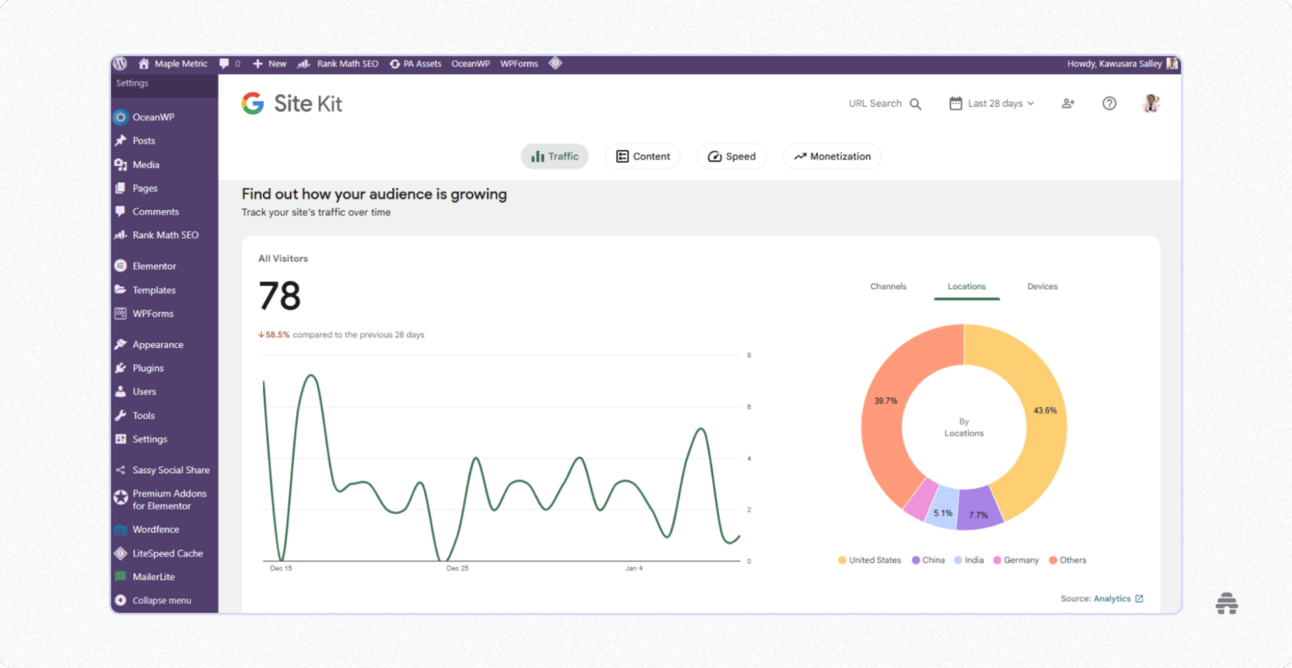 WordPress Google Site Kit analytics dashboard showing audience growth, traffic trends, and visitor locations over time. Illustrates how creators monitor website performance and audience insights directly inside the WordPress admin panel.