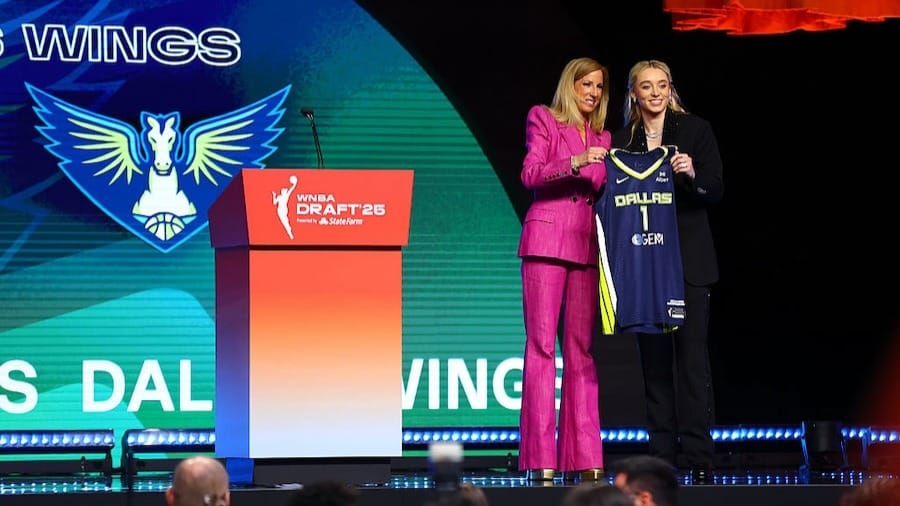  Cathy Engelbert and Paige Bueckers pose for a photo after being drafted by the Dallas Wings during the 2025 WNBA Draft