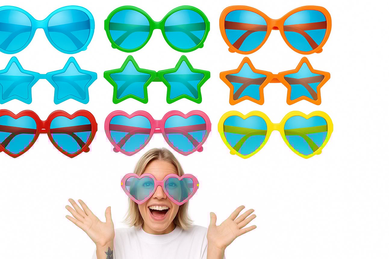 Landscape image of a cheerful woman wearing oversized pink heart-shaped sunglasses, posing with both hands raised in excitement. Above her, nine colorful pairs of novelty sunglasses are displayed against a clean white background, featuring various shapes including hearts, stars, and oversized ovals in red, green, blue, orange, yellow, and pink frames. The image has a modern, vibrant, and playful aesthetic.