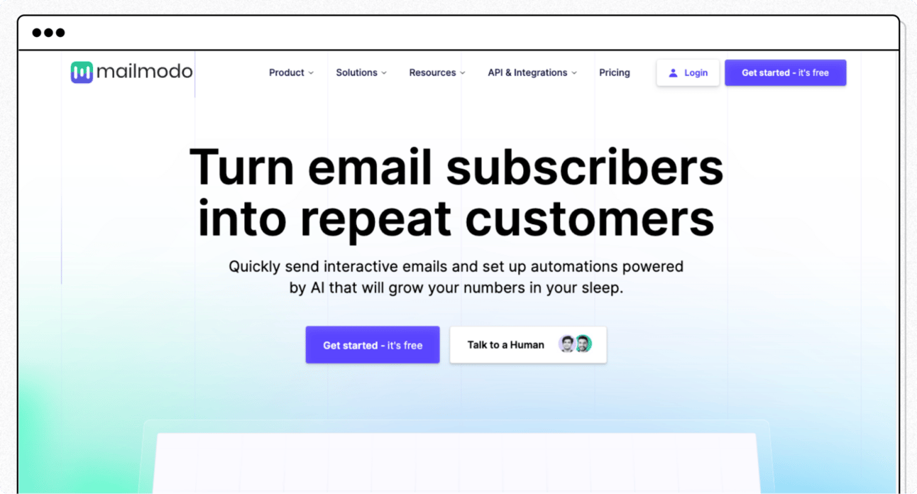 Mailmodo homepage promoting tools to turn email subscribers into repeat customers using interactive emails, AI-powered automations, and email marketing campaigns.