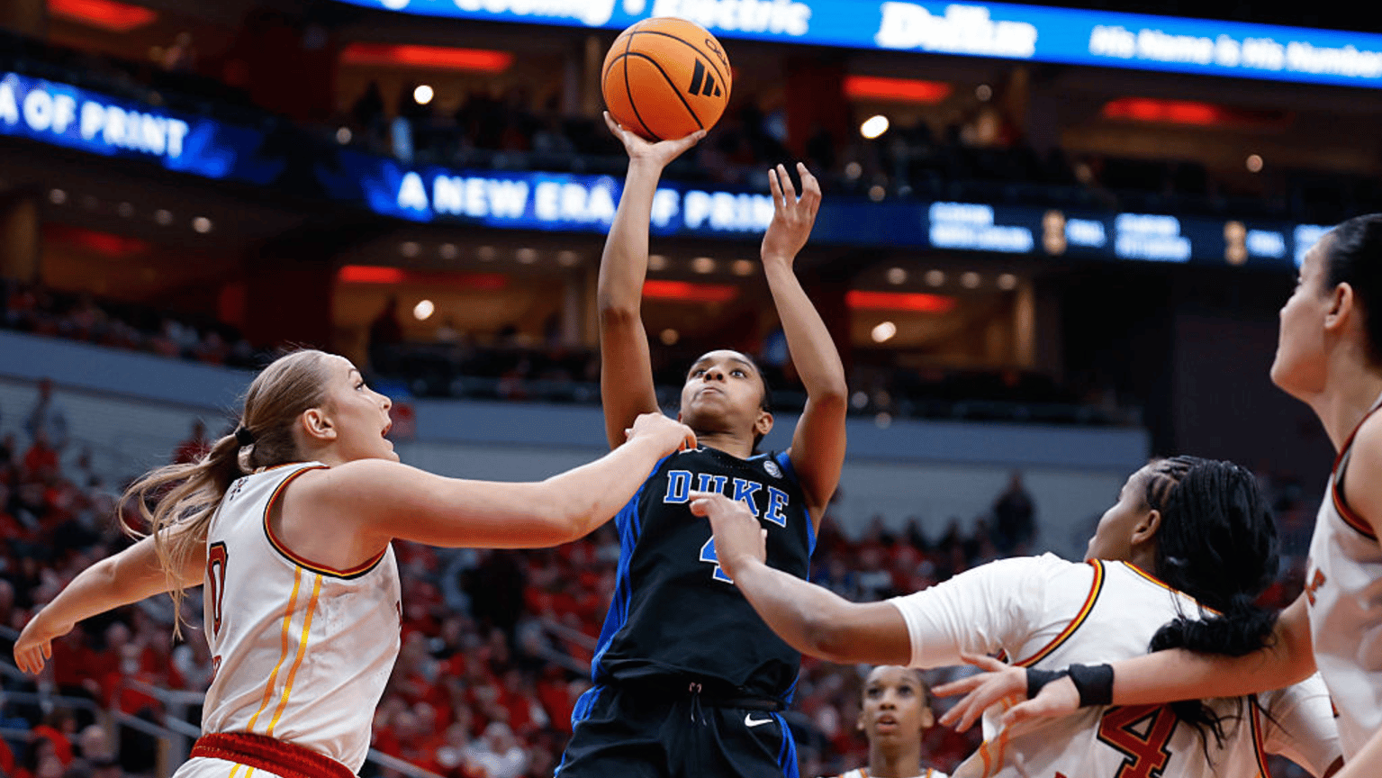 Riley Nelson #4 of the Duke Blue Devils shoots a jump shot in the second half against the Louisville Cardinals at KFC YUM! Center on February 05, 2026 in Louisville, Kentucky.